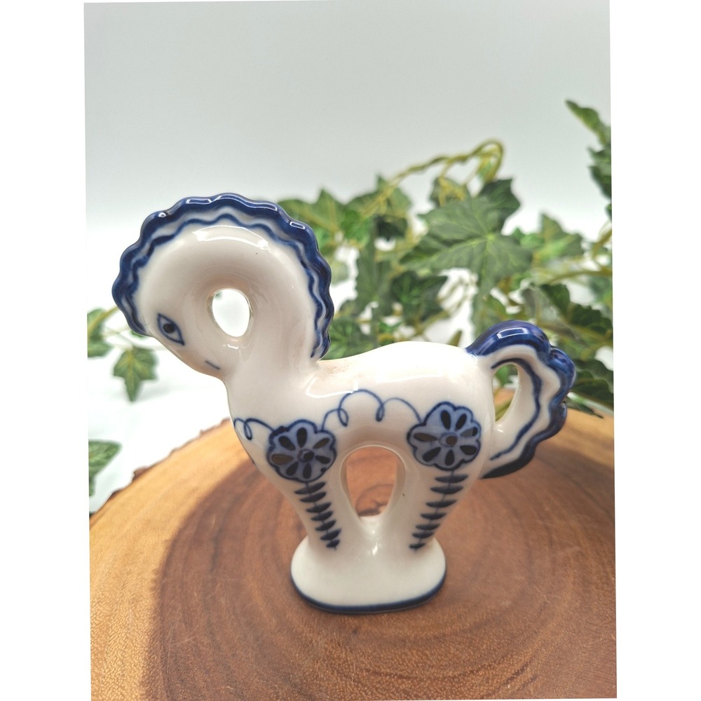 Vintage Handpainted USSR Ceramic Horse Figurine Blue White Gzhel Style Folk Art - Picture 2 of 6